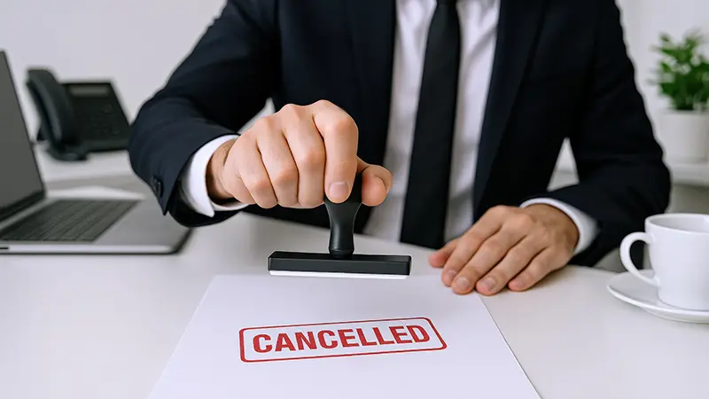 Businessman Declines Document, Cancelling Application with Rubbe