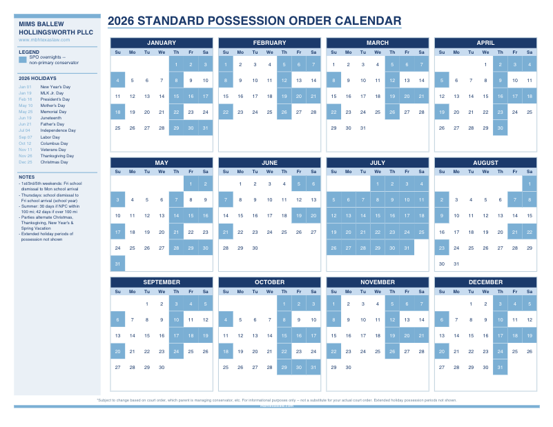 Standard Possession Order Calendar - Texas Custody Calendar