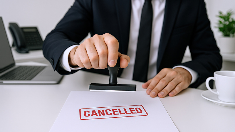 Businessman Declines Document, Cancelling Application with Rubbe