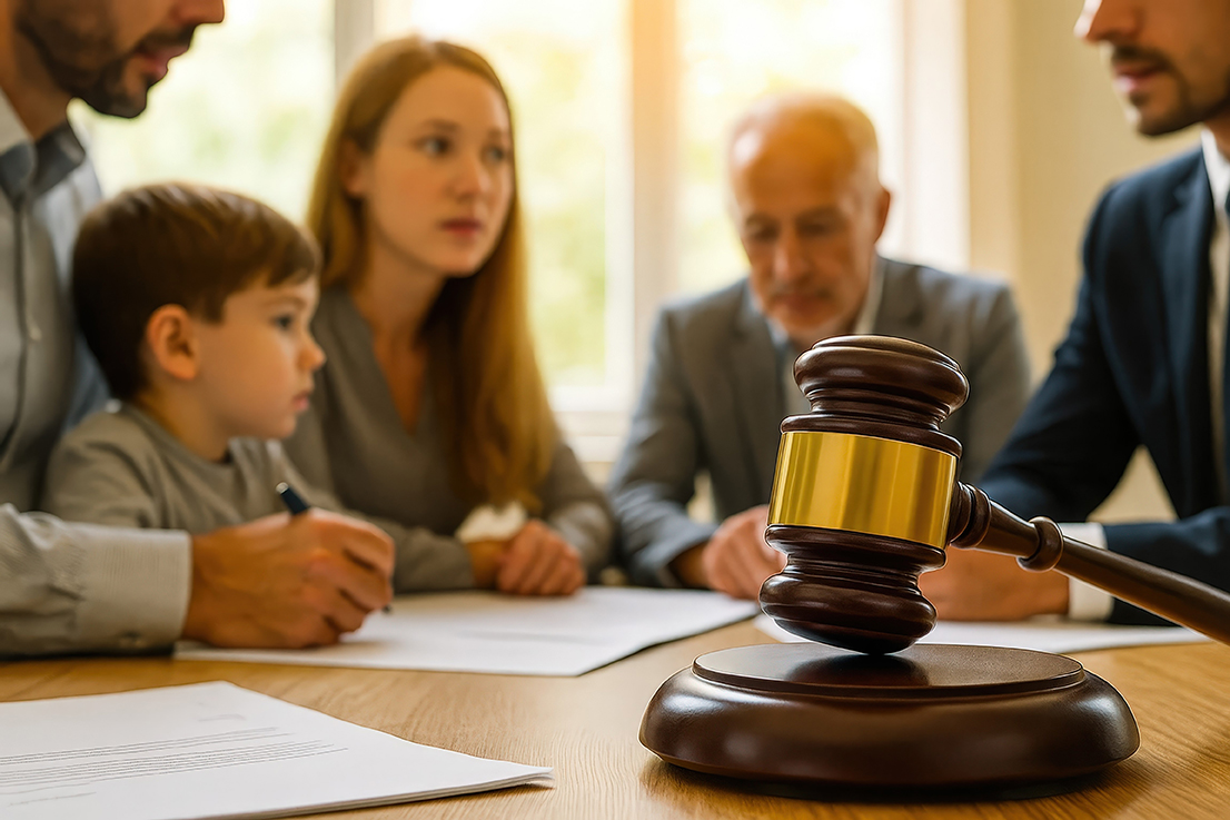 Family legal consultation with lawyer, gavel in focus. Divorce,