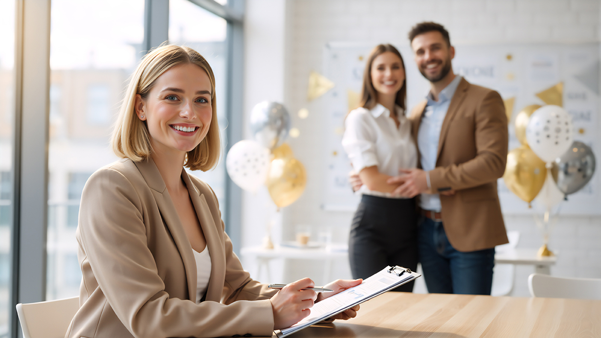 A smiling blonde businesswoman in a beige blazer sits at a wooden desk in a modern office, looking directly at the camera while holding a pen and a clipboard. In the softly blurred background, a happy young couple embraces, standing near celebratory gold, silver, and white balloons. The scene is brightly lit by natural light from a large window. This image represents concepts like client satisfaction, successful agreements, professional consultation, and services such as real estate, financial advising, or event planning.