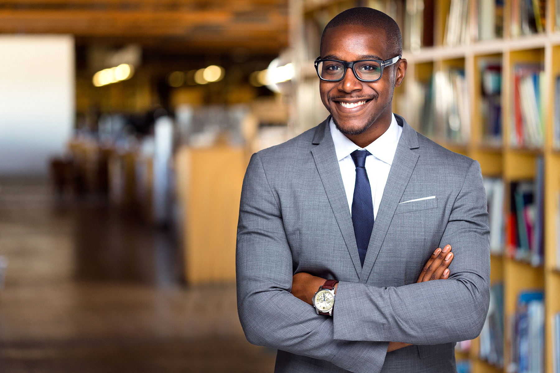 Smiling and cheerful African american business professional, att