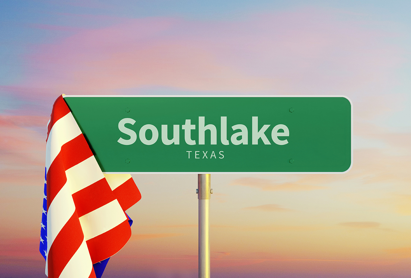 Southlake – Texas. Road or Town Sign. Flag of the united states. Sunset oder Sunrise Sky. 3d rendering