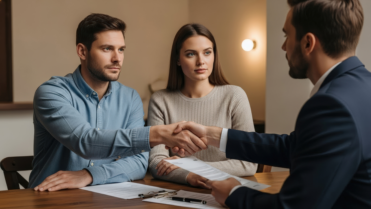 Professional man and woman engaging in a decisive handshake with an expert, symbolizing trust and agreement during a crucial meeting to secure their future