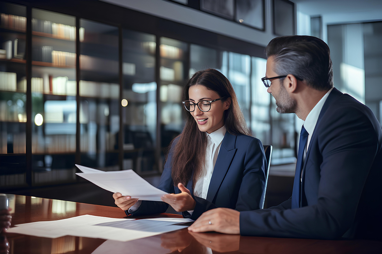 Business woman attorney showing document to man client providing