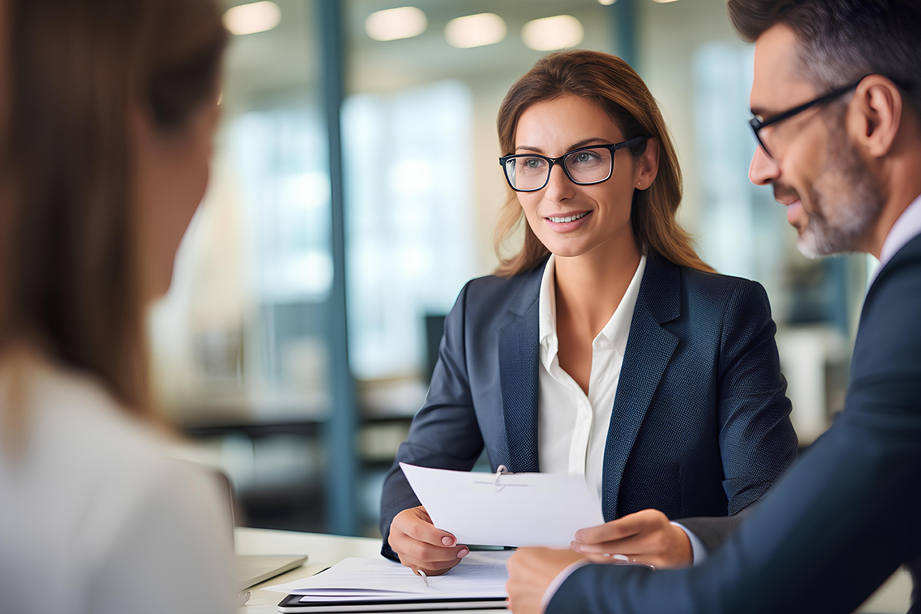 Business woman attorney showing document to man client providing