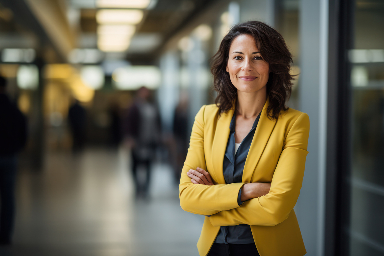 Portrait of successful business woman inside office, standing wi