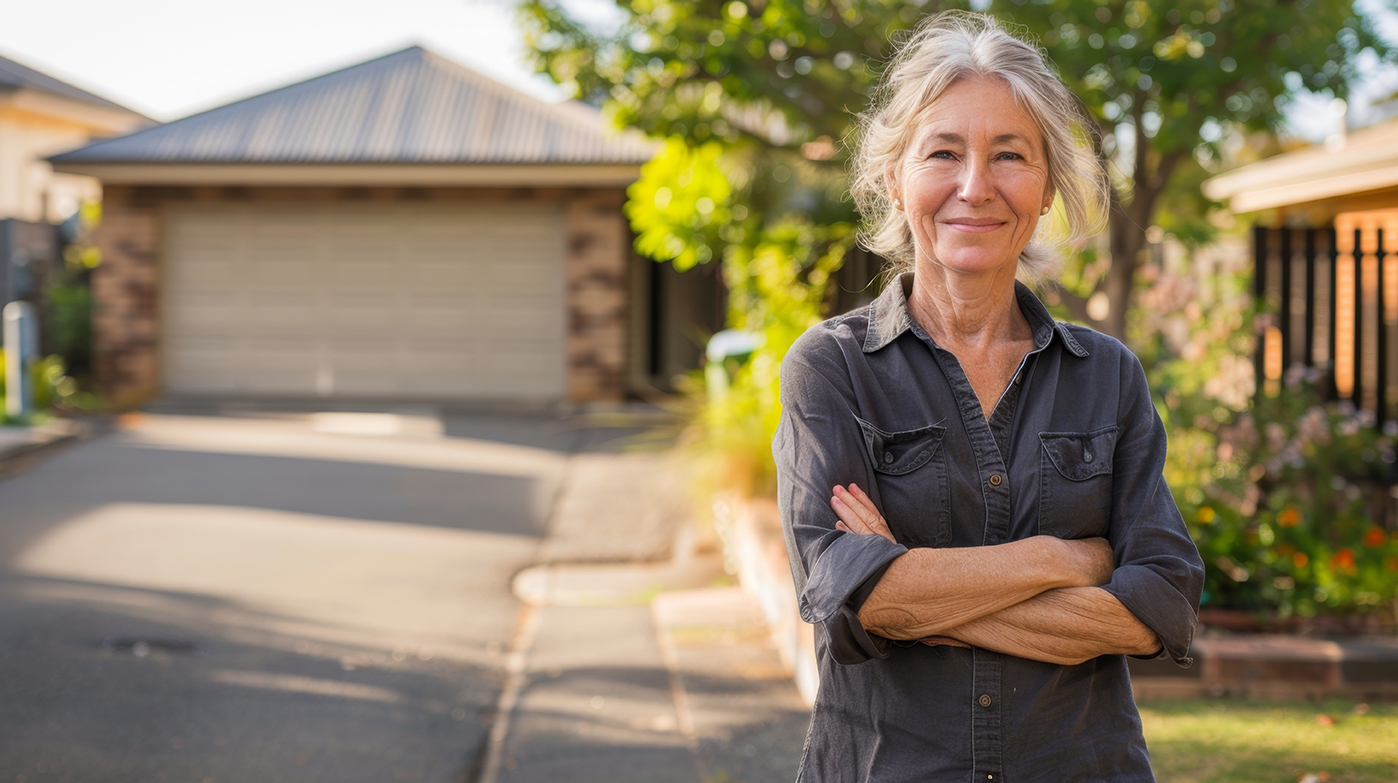 Woman standing in front of a house with a garage smiling wearing a dark shirt and crossing her arms.